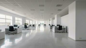 Empty office, Modern corporate open office in minimalist modern design in whites and greys. Generative Ai photo