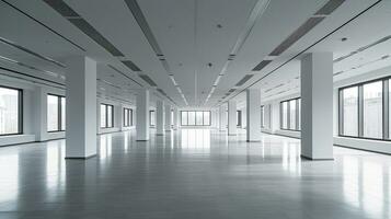 Empty office, Modern corporate open office in minimalist modern design in whites and greys. Generative Ai photo