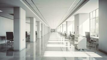 Empty office, Modern corporate open office in minimalist modern design in whites and greys. Generative Ai photo