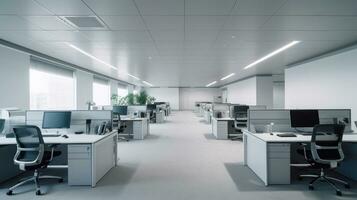 Empty office, Modern corporate open office in minimalist modern design in whites and greys. Generative Ai photo