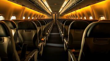 Empty passenger airplane seats in the cabin. Interior of passenger plane. Generative Ai photo