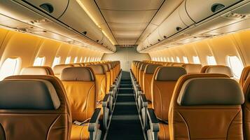 Empty passenger airplane seats in the cabin. Interior of passenger plane. Generative Ai photo