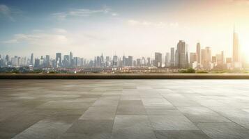 Empty cement floor with cityscape and skyline background. Generative Ai photo