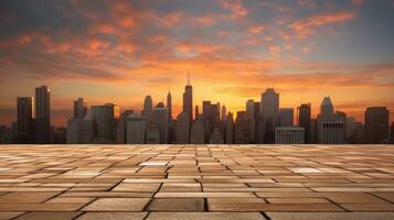 Empty brick floor with cityscape and skyline background. Generative Ai photo