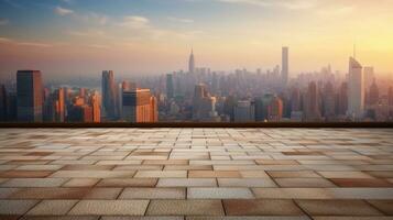 Empty brick floor with cityscape and skyline background. Generative Ai photo