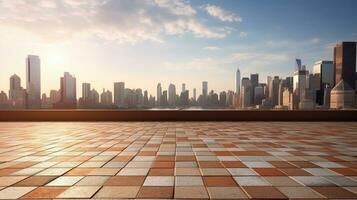 Empty brick floor with cityscape and skyline background. Generative Ai photo
