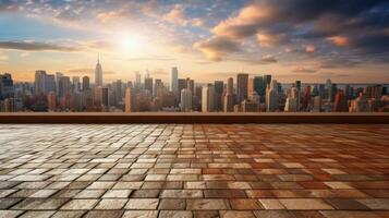 Empty brick floor with cityscape and skyline background. Generative Ai photo