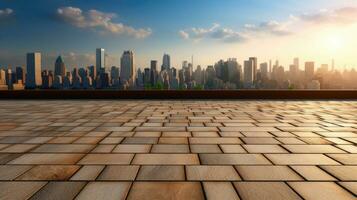 Empty brick floor with cityscape and skyline background. Generative Ai photo