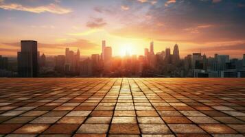 Empty brick floor with cityscape and skyline background. Generative Ai photo