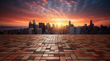 Empty brick floor with cityscape and skyline background. Generative Ai photo