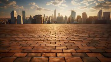 Empty brick floor with cityscape and skyline background. Generative Ai photo