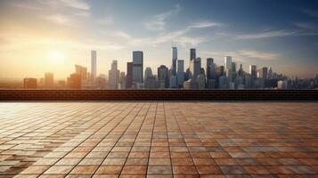 Empty brick floor with cityscape and skyline background. Generative Ai photo