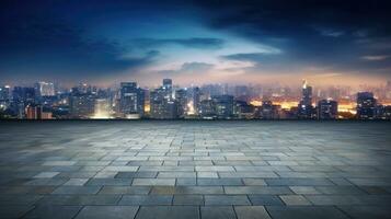 Empty cement floor with cityscape and skyline background. Generative Ai photo