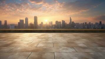 Empty cement floor with cityscape and skyline background. Generative Ai photo