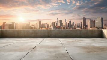 Empty cement floor with cityscape and skyline background. Generative Ai photo