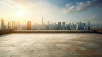 Empty cement floor with cityscape and skyline background. Generative Ai photo