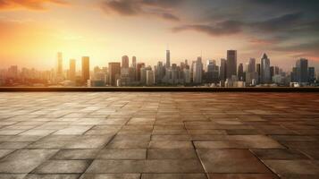 Empty cement floor with cityscape and skyline background. Generative Ai photo