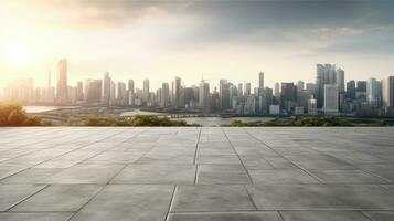 Empty cement floor with cityscape and skyline background. Generative Ai photo