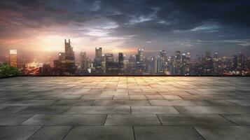 Empty cement floor with cityscape and skyline background. Generative Ai photo