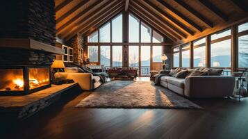 Empty of Cozy modern winter living room interior with a modern fireplace in a chalet. Generative Ai photo