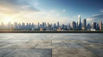 Empty cement floor with cityscape and skyline background. Generative Ai photo