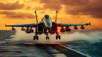 A fighter jets are taking off from an aircraft carrier in the ocean. Fighter jet fighter. Generative Ai photo