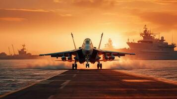 A fighter jets are taking off from an aircraft carrier in the ocean. Fighter jet fighter. Generative Ai photo