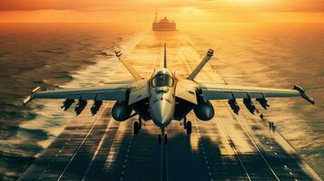 A fighter jets are taking off from an aircraft carrier in the ocean. Fighter jet fighter. Generative Ai photo