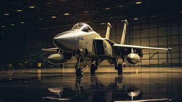 un militar combatiente chorro aeronave estacionado en militar hangar a el base fuerza Aerea para militar misión. generativo ai foto