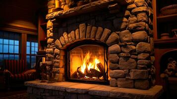 Stone fireplace ablaze in the house. Generative Ai photo