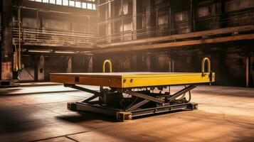 A large sized hydraulic lift table being used in a large warehouse. Generative Ai photo