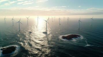 Aerial view of windmill park in the ocean with wind turbine. Generative Ai photo