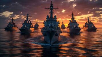 Battleships in the navy, Military at sea. Generative Ai photo