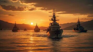 Buque de guerra en el Armada, militar a mar. generativo ai foto