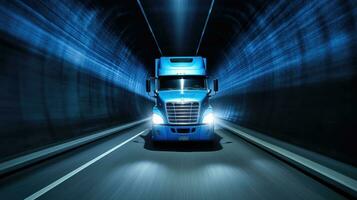 A semi truck at speed in tunnel. Generative Ai photo