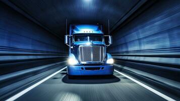 A semi truck at speed in tunnel. Generative Ai photo