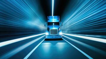 A semi truck at speed in tunnel. Generative Ai photo