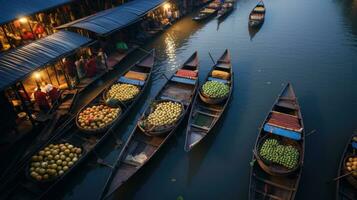 Aerial view of Floating Market Damnoen Saduak in Thailand. Generative Ai photo