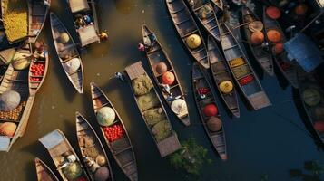 Aerial view of Floating Market Damnoen Saduak in Thailand. Generative Ai photo