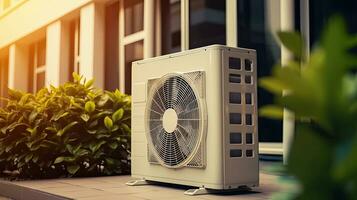 aire fuente calor bomba instalado en residencial edificio. eléctrico aparato. generativo ai foto