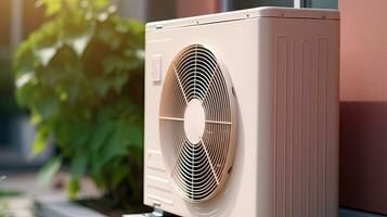 Air source heat pump installed in residential building. electrical appliance. Generative Ai photo