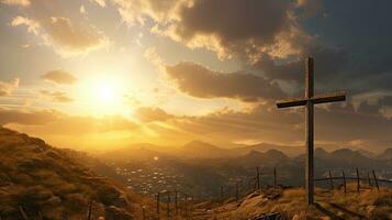 Apocalypse, Holy cross with the sky above Golgotha hill covered with light and clouds. Generative Ai photo