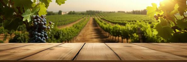 vacío madera mesa parte superior con en borroso viñedo paisaje antecedentes. generativo ai foto