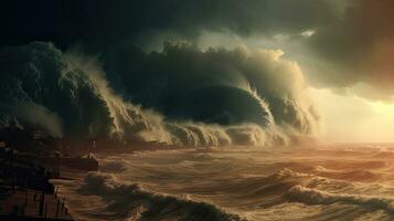 Giant tsunami waves, dark stormy sky, Tornado. Huge waves Tsunami Big waves. Apocalyptic concept. Generative Ai photo