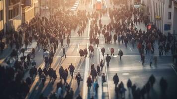 aéreo ver de multitud personas camina en un negocio calle peatonal en el ciudad. borroso negocio personas caminando en un calle. generativo ai foto