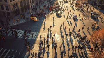 aéreo ver de multitud personas camina en un negocio calle peatonal en el ciudad. borroso negocio personas caminando en un calle. generativo ai foto