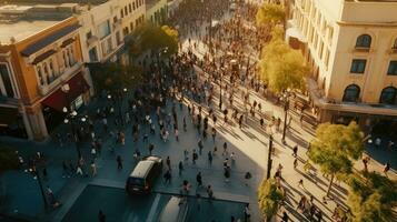 aéreo ver de multitud personas camina en un negocio calle peatonal en el ciudad. borroso negocio personas caminando en un calle. generativo ai foto