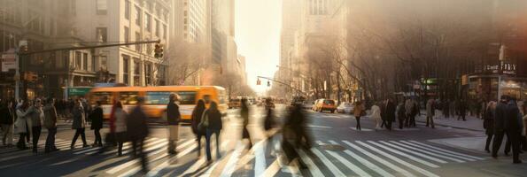 Blurred Busy street scene with crowds of people walking across an intersection in New York City. Generative Ai photo