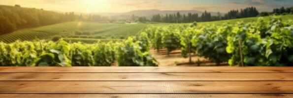 Empty wood table top with on blurred vineyard landscape background. Generative Ai photo