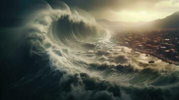 Giant tsunami waves, dark stormy sky, Tornado. Huge waves Tsunami Big waves. Apocalyptic concept. Generative Ai photo